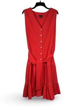 Nicole Miller Linen Blend Sleeveless Boho Tiered Dress Women XL Red V-Neck Midi